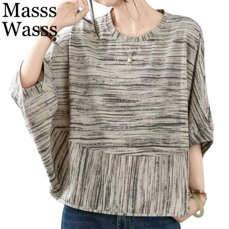 

Mass Wasss 2025 летние женские модные футболки большого размера с принтом, женские классические свободные топы в полоску, винтажная повседневная одежда с круглым вырезом