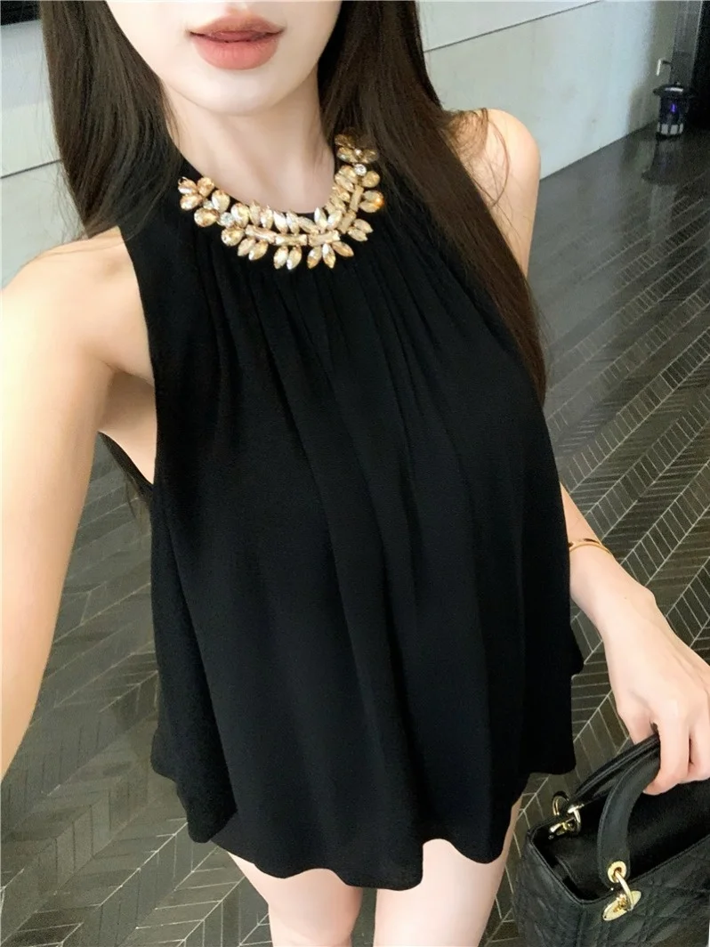 

Heavy-Embroidered Diamond Necklace Top Women's Fashion Summer Korean Style Pure Desire Sleeveless Vest round Neck Gown
