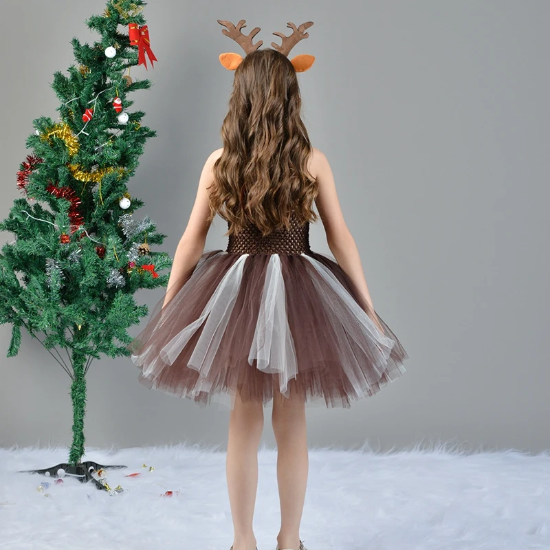 Girls Reindeer Costume Deluxe Sleeveless Bell Front Tulle Dress Antlers Headband Set Christmas Outfits for Kids