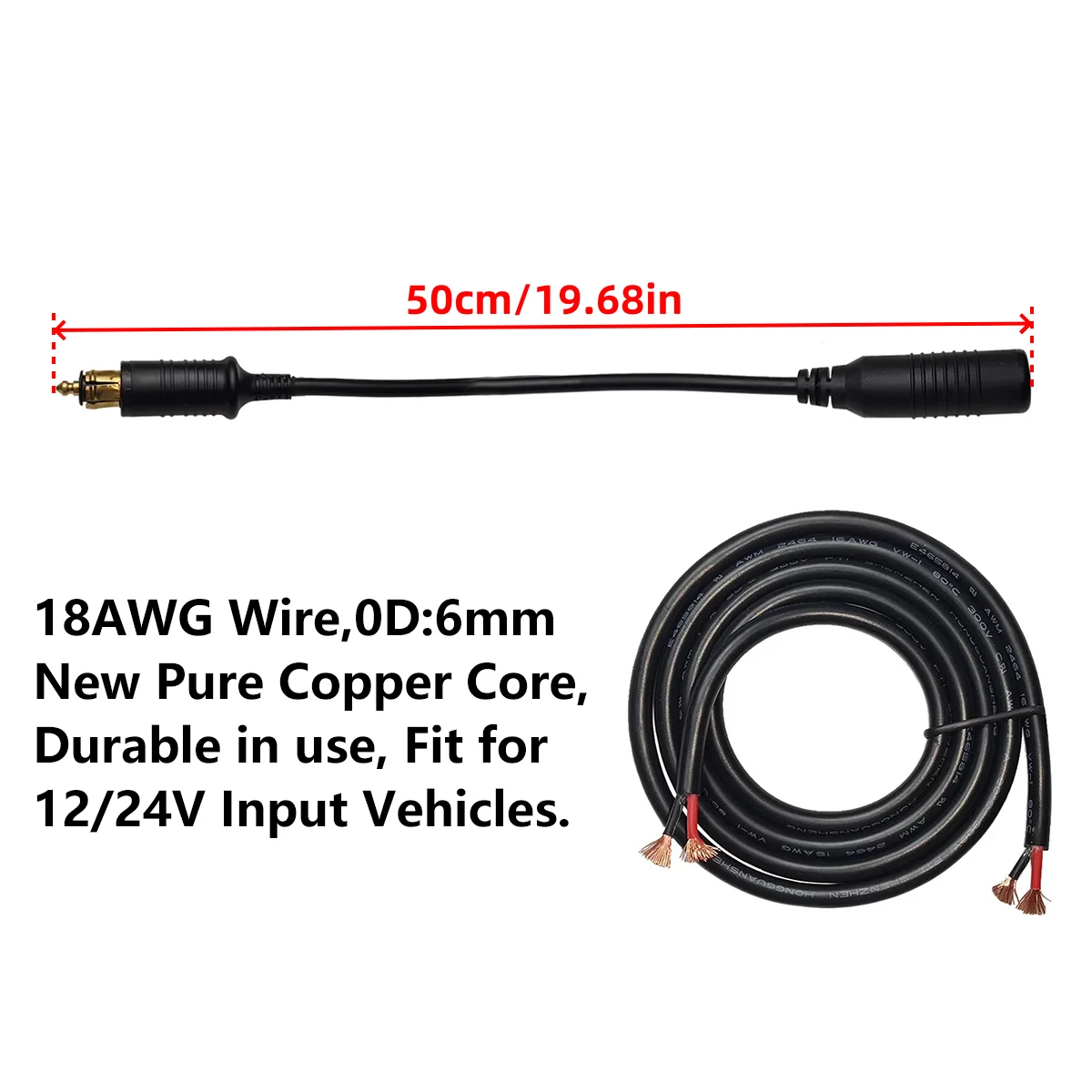 50cm 10A 18AWG European Hella Din Cigarette Lighter Male to Female Extension Cable 12V 24V Motorcycle Charger Outlet  Adapter