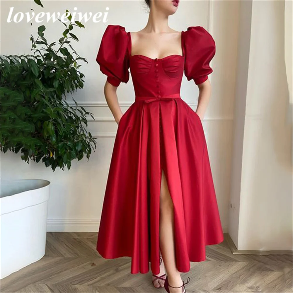 

Satin Sweetheart Evening Dresses Button High Split Prom Dresses Burgundy Puffy Sleeves Party Dresses Bow вечернее платье