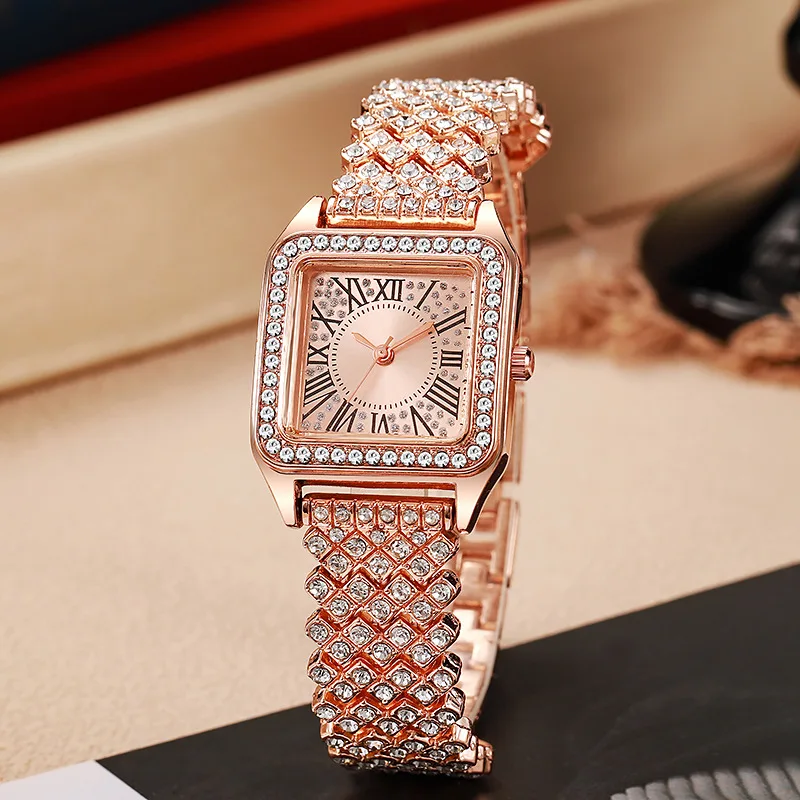 

New Fashion Luxury Woman Gold Crystal Watch Women Square Wristwatches Ladies Stainless Steel Casual Quartz Watches Reloj Mujer