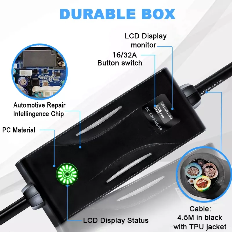 Portable EVSE Type 2 EV Charger Adjustable Current 16A to 32A IEC62196-2 Electric Vehicle Charging Wallbox Blue CEE Plug