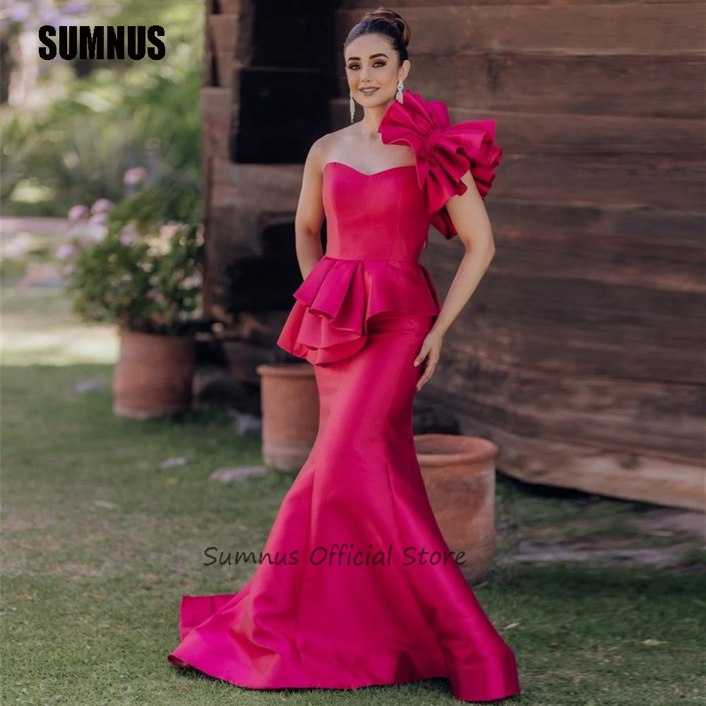 

SUMNUS Fuschia Satin Mermaid Evening Party Dresses Sweetheart One Shoulder Prom Dress Floor Length Pleat Formal Gowns For Women