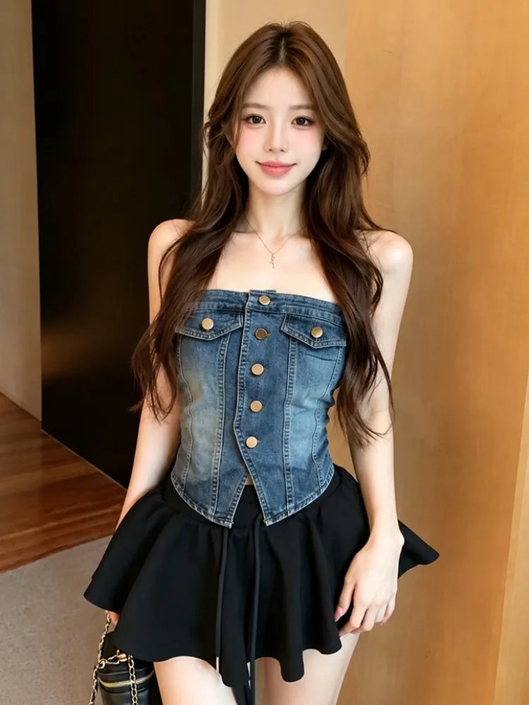 

Summer New Style Spicy Girl Denim Wrap Chest Top Women's Vintage Washed Slimming Outerwear Strapless Vest Korean Style Citywa...