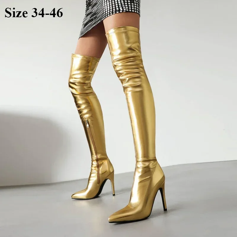 

New Gold Silver 8cm/10cm High-heel Over Knee The Boots Women's Fashion Pole Dance Pointed Solid Color Long Boots Big Size 34-46