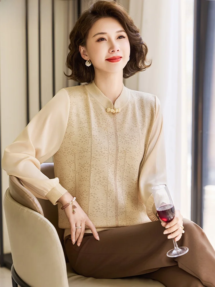 

Весенняя модная вязаная кофта для женщин среднего возраста, повседневная, средней длины, из полиэстера, с длинным рукавом, круглым вырезом