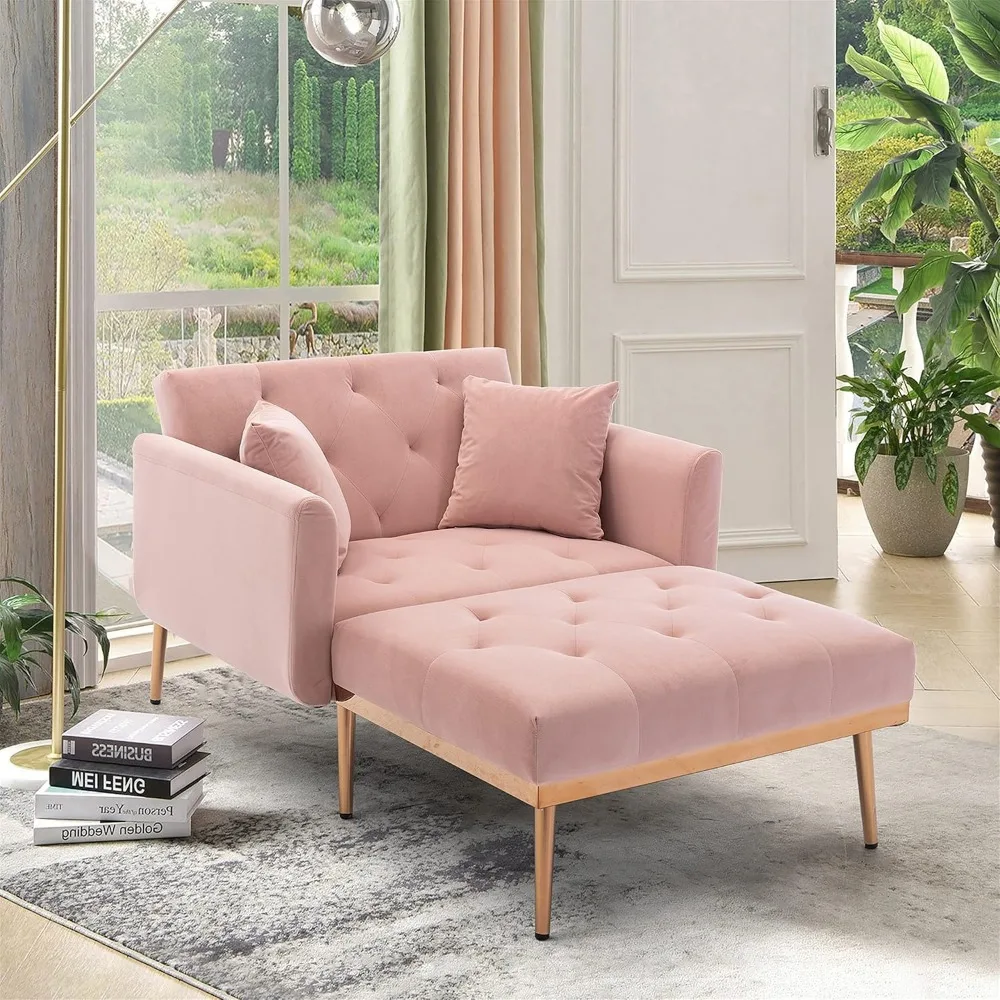 Adjustable Backrest Chaise Lounge Velvet Sofa Bed with Thick Padded, Convertible Reclining Chair with Rose Golden Metal Legs