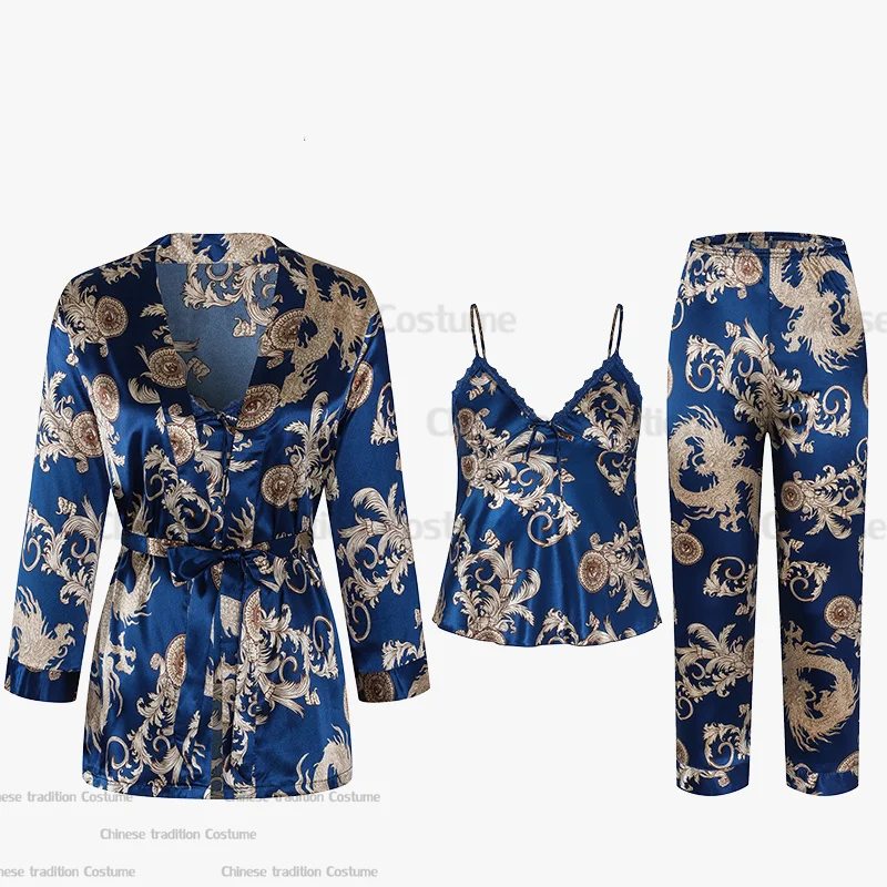 

Womne's Rayon Sleepwear Bigsize 3Xl Pajamas Suit Sexy Strap Top&pant and Robe 3Pcs Homewear Print Nightwear Spring New Outfit