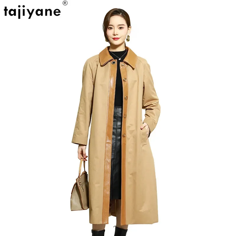 Giacca in vera pelle tagica donna elegante Trench da donna di media lunghezza tinta unita cappotti con giunture in pelle di pecora giacche in pelle