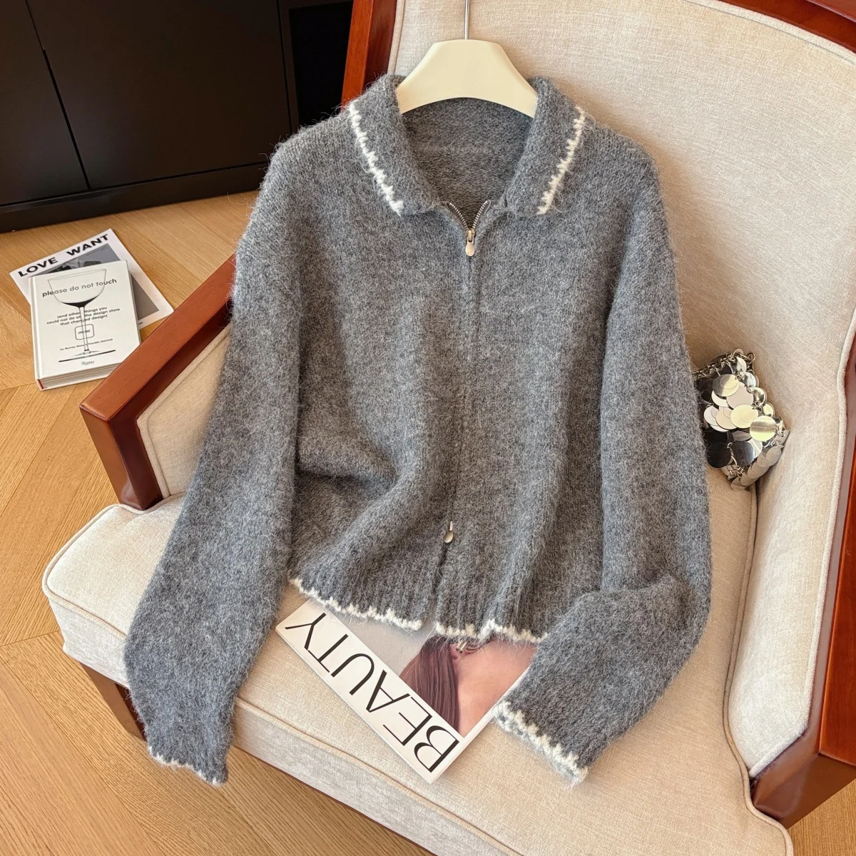 

Женский серый вязаный кардиган с круглым вырезом, свитер 2000-х годов, винтажный джемпер в корейском стиле, вязаный кашемировый свитер с длинными рукавами, осень-зима 2025