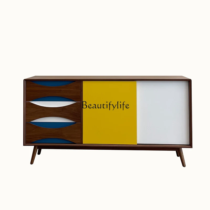 04Nordic retro dining side cabinet color matching walnut solid wood storage mobile door locker