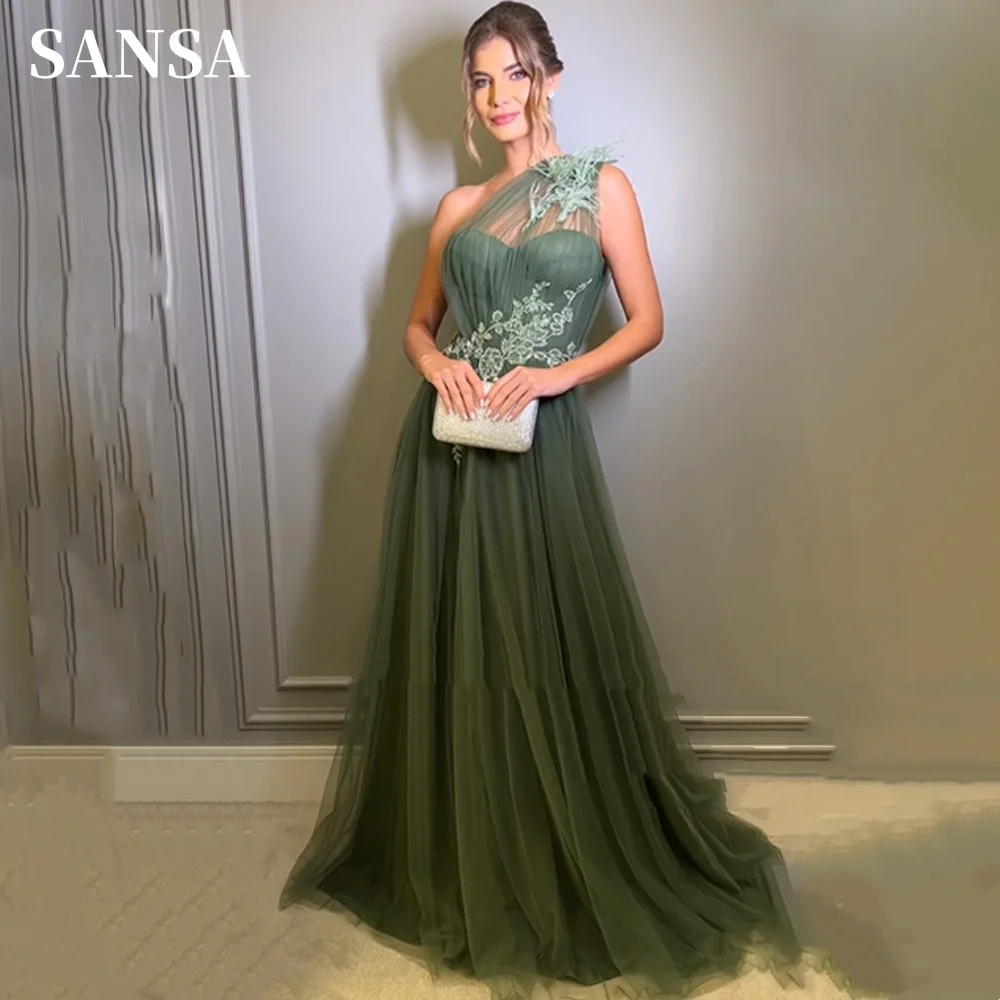 Sansa elegante vestido de baile de um ombro com penas verdes escuras vestido de baile personalizado lindo linha a tule vestidos de noche