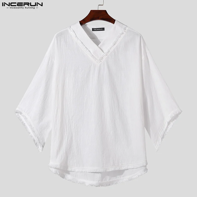 2024 Men T Shirt Solid Color Tassel V Neck Half Sleeve Casual Men Clothing Streetwear Loose Oversize Fashion Tee Tops INCERUN