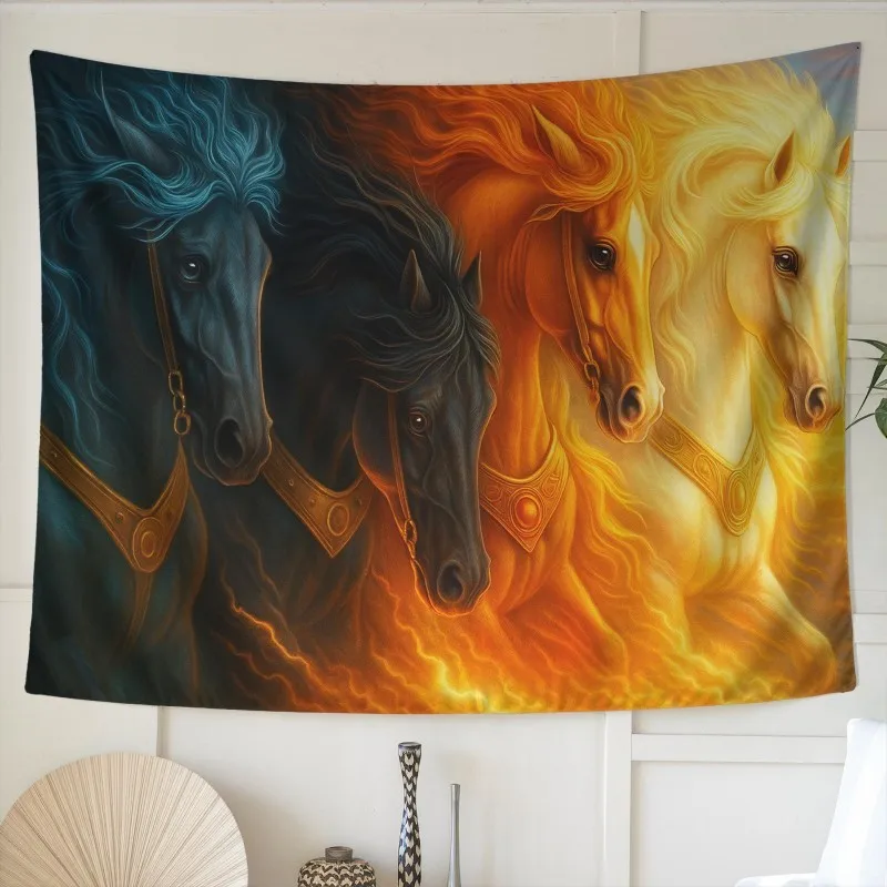 VIKAMA Four Horses Tapestry Wall Hanging Stallion Fire Ice Blue Orange Golden Aesthetic Wall Art Bedroom Living Room Decor