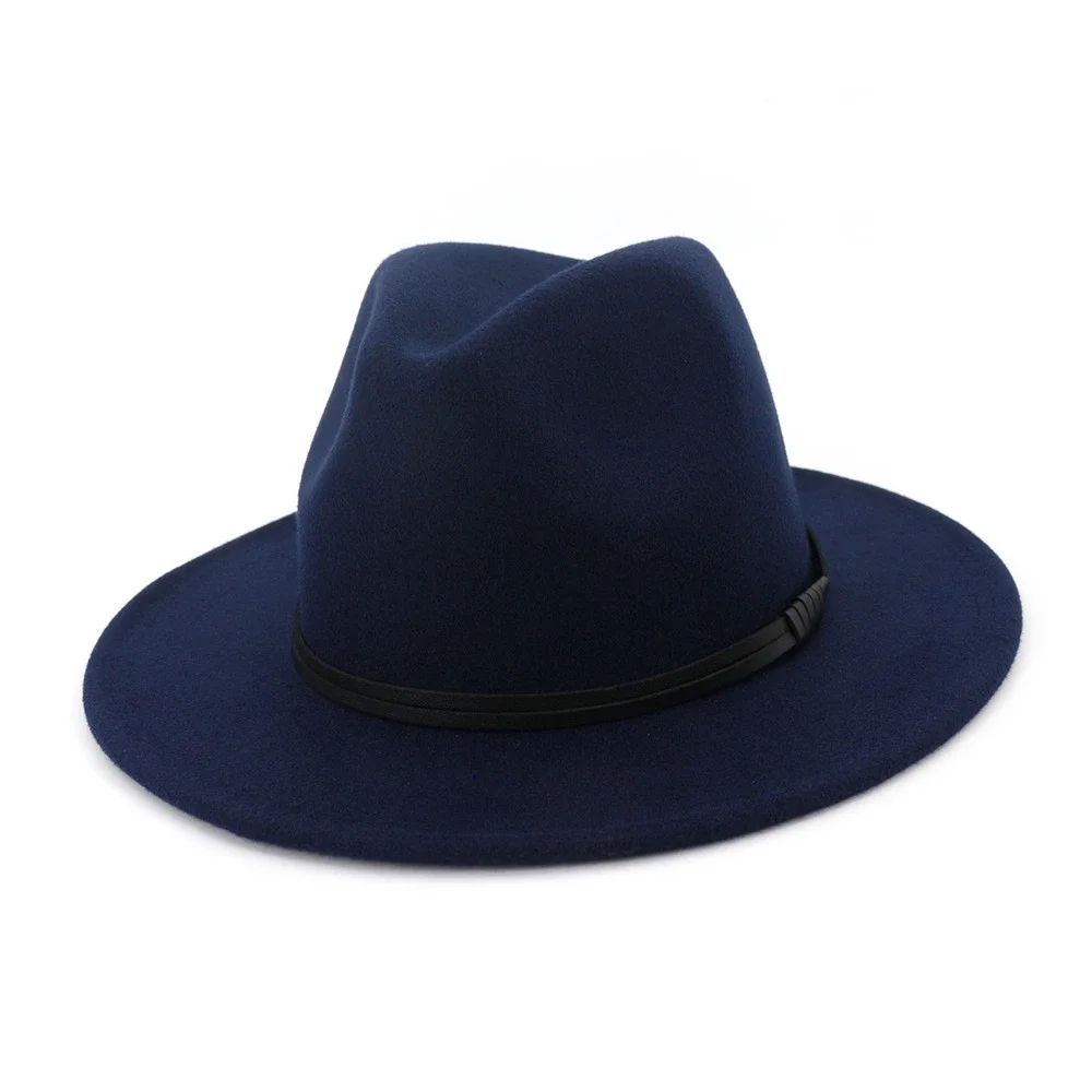 Chapeau Fedora noir à large bord avec ceinture en cuir pour hommes et femmes, salle de bain Flae, décontracté, solide, vintage, automne, hiver