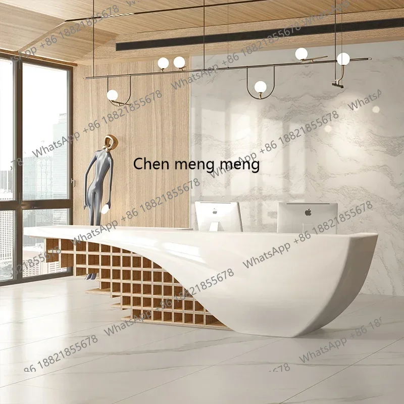 

SS Chinese Modern Paint Front Desk Reception Beauty Salon Cashier Company Counter Wood Grain Desk7486