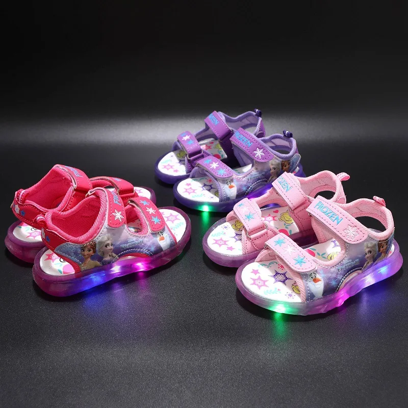 Disney Summer Children's Sandals Frozen Priness Elsa Anna Children's Sandals LED Light Beach Pink Purple Shoes Size 21-31