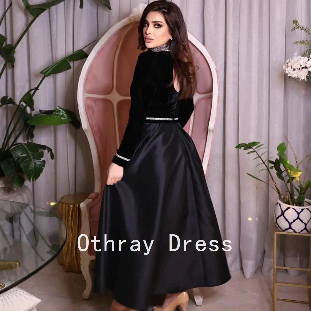 فستان نسائي من الساتان الأسود للحفلات الراقصة بأكمام طويلة فستان ضيوف الزفاف مطوي سرير رقبة دائرية على شكل حرف a طول الشاي Fساتين سهلات #2