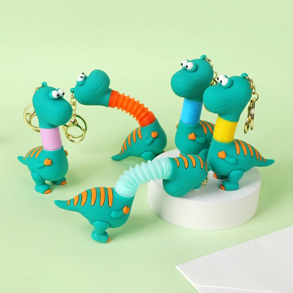 Cartoon Green Dinosaur Keychain Creative Anime Figure Car Keyrings Retractable Spring Neck Kids Gift Dinosaur Dolls Pendant