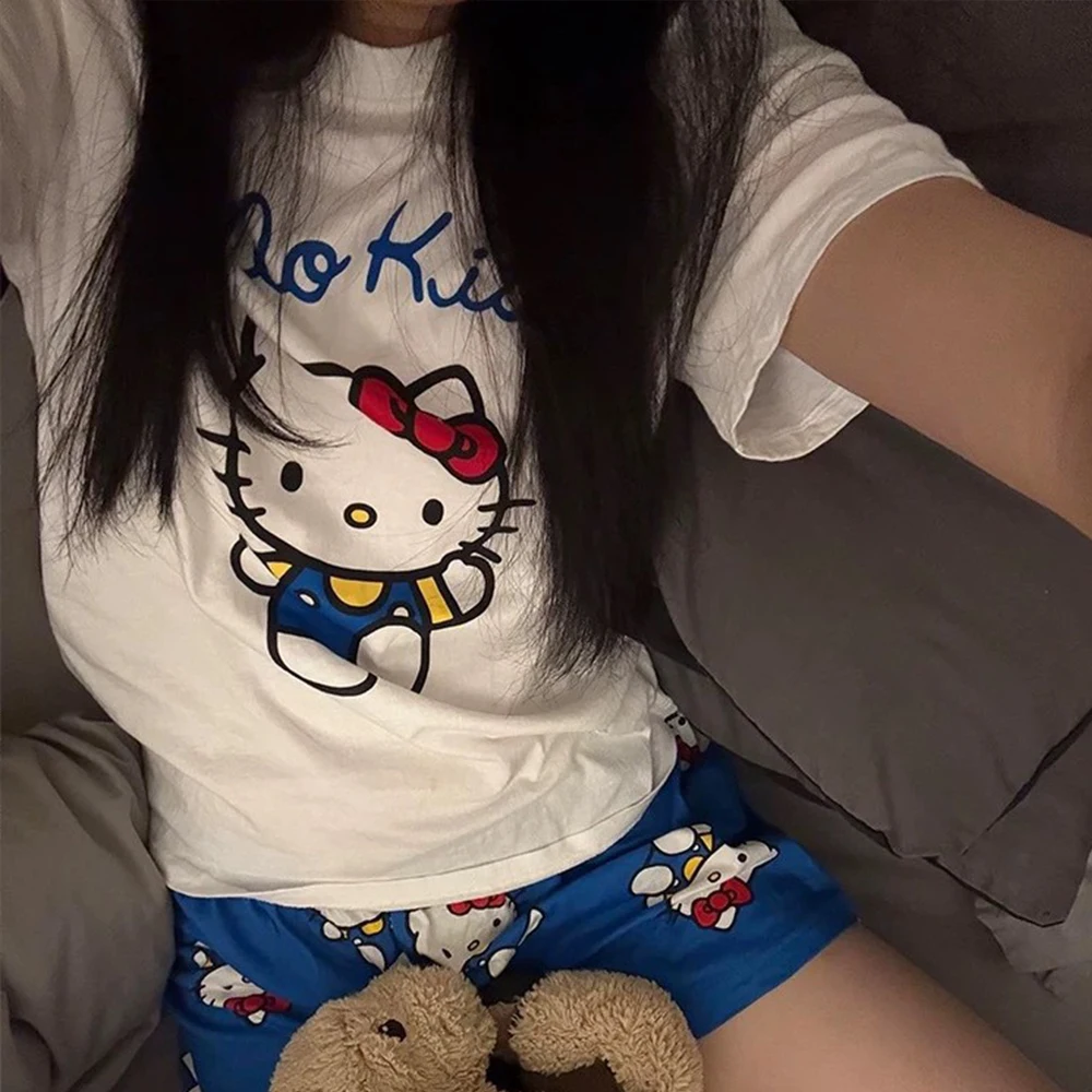

Anime Summer Women's Cartoon Sanrio Hello Kitty Pajamas White T-Shirt and Blue Shorts Suit Soft Breathable Household Clothes New