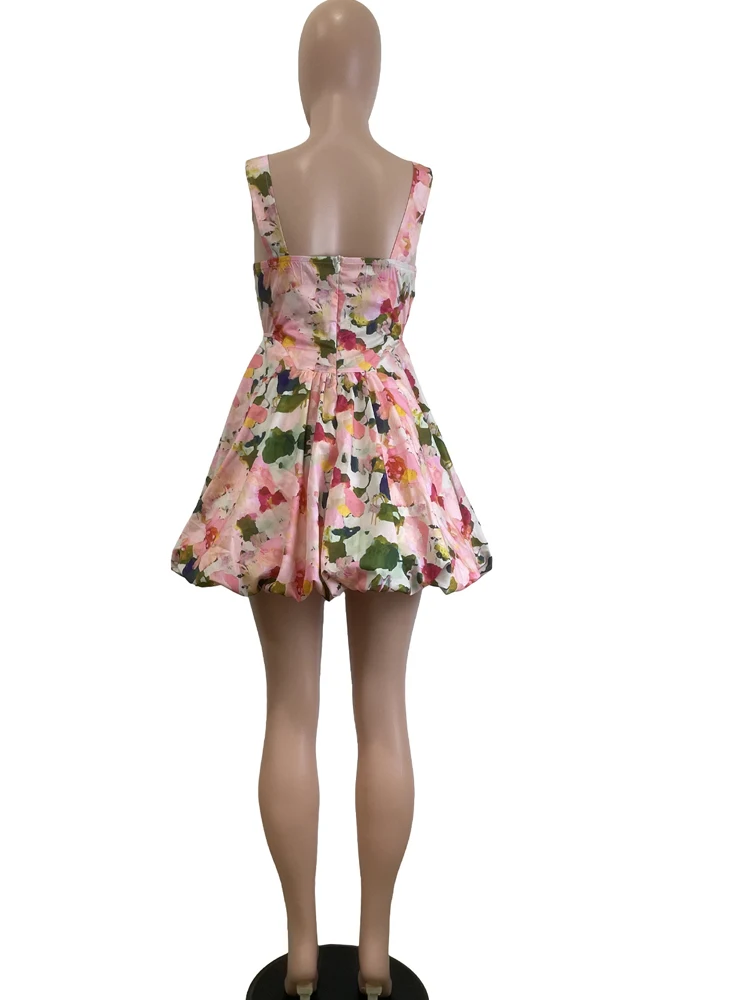 Elegancka sukienka mini bez rękawów na ramiączkach z falbankami i gorsetem, damska sukienka plażowa w tropikalny kwiatowy wzór, stroje wakacyjne.