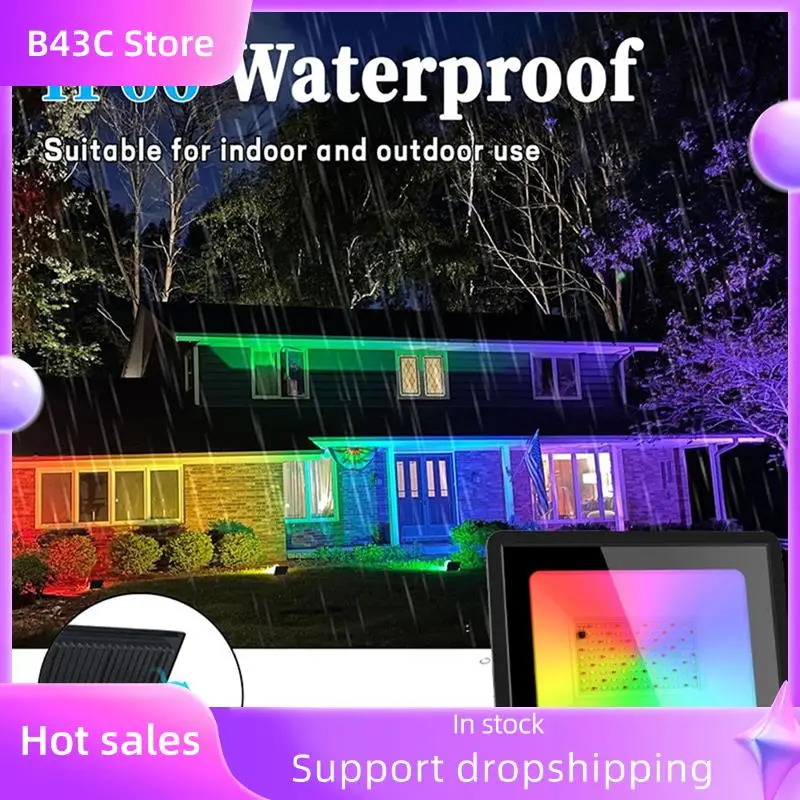 

B14C 2 Pack 100W RGB LED Flood Lights IP66 Waterproof Color Changing Floodlight With Remote For Party, Halloween