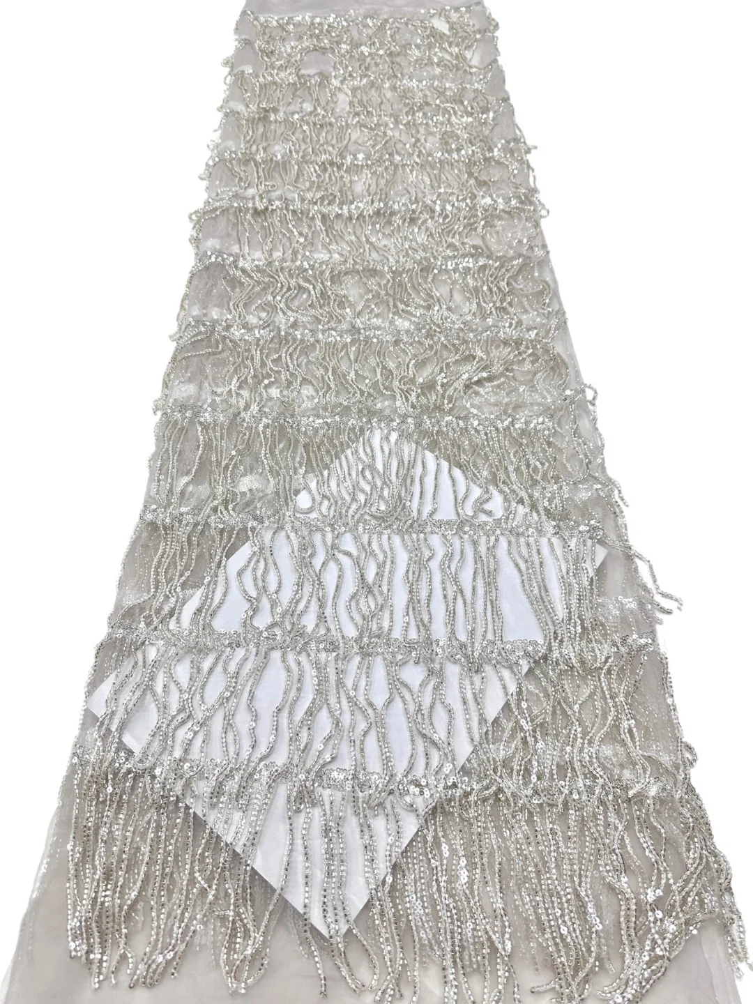 White Silver Beaded Tassel Luxury Beaded Lace Fabric, 3D Fringe Sequined Tulle Fabric for Wedding Evening Party Slit Gown