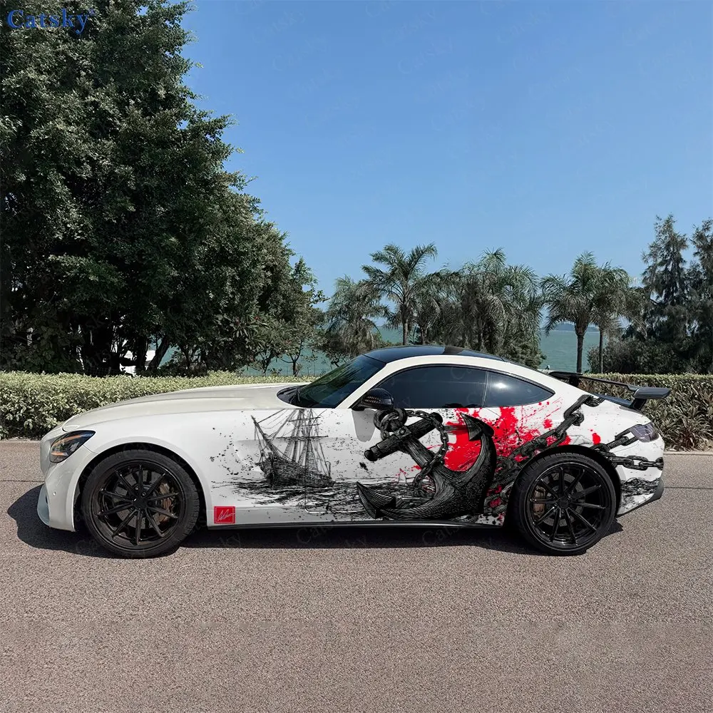 2pcs Red Splatter & Old Ship Anchor Car Side Wrap, Self-Adhesive PVC Waterproof & Scratch-Resistant Stickers, Car Accessory Gift