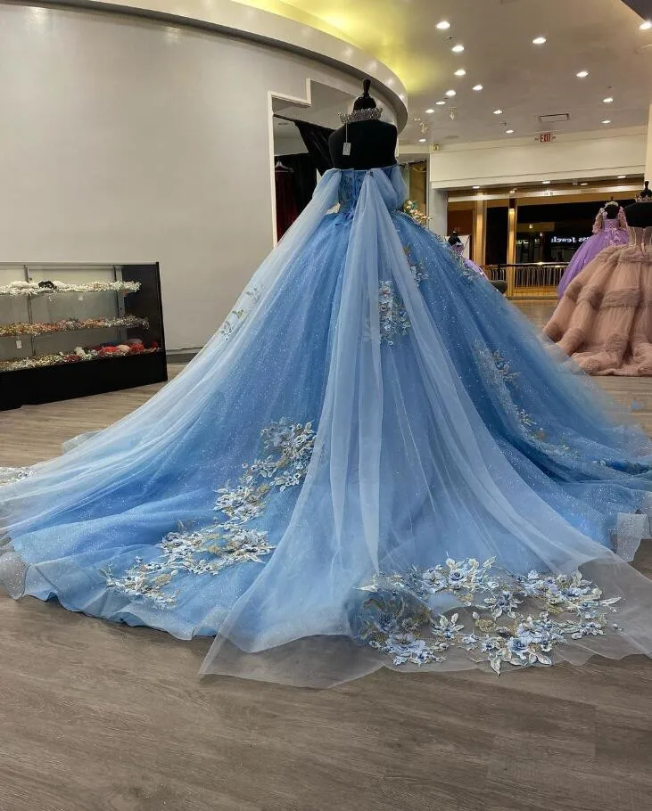 Vestidos de quinceañera con hombros descubiertos, corsé con apliques florales en 3D, azul cielo, 15, dulce 16