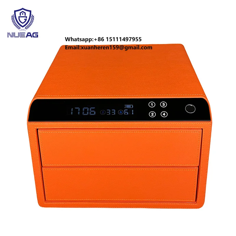 XAG-PGC2 Double Layer Orange Leather Jewelry Safe Home Smart Fingerprint Safe, Office File Storage Safe