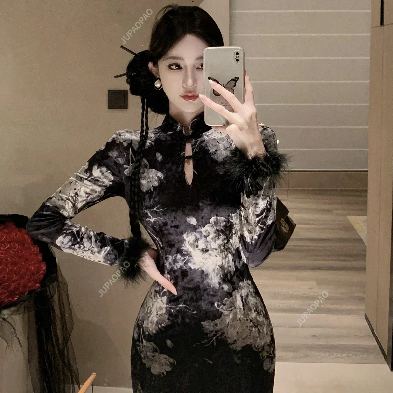 

New Black Socialite Style High End Dress Women's Long QiPao Autumn Winter Korean Dress Women Elegant Slimming Luxury Ball Dress