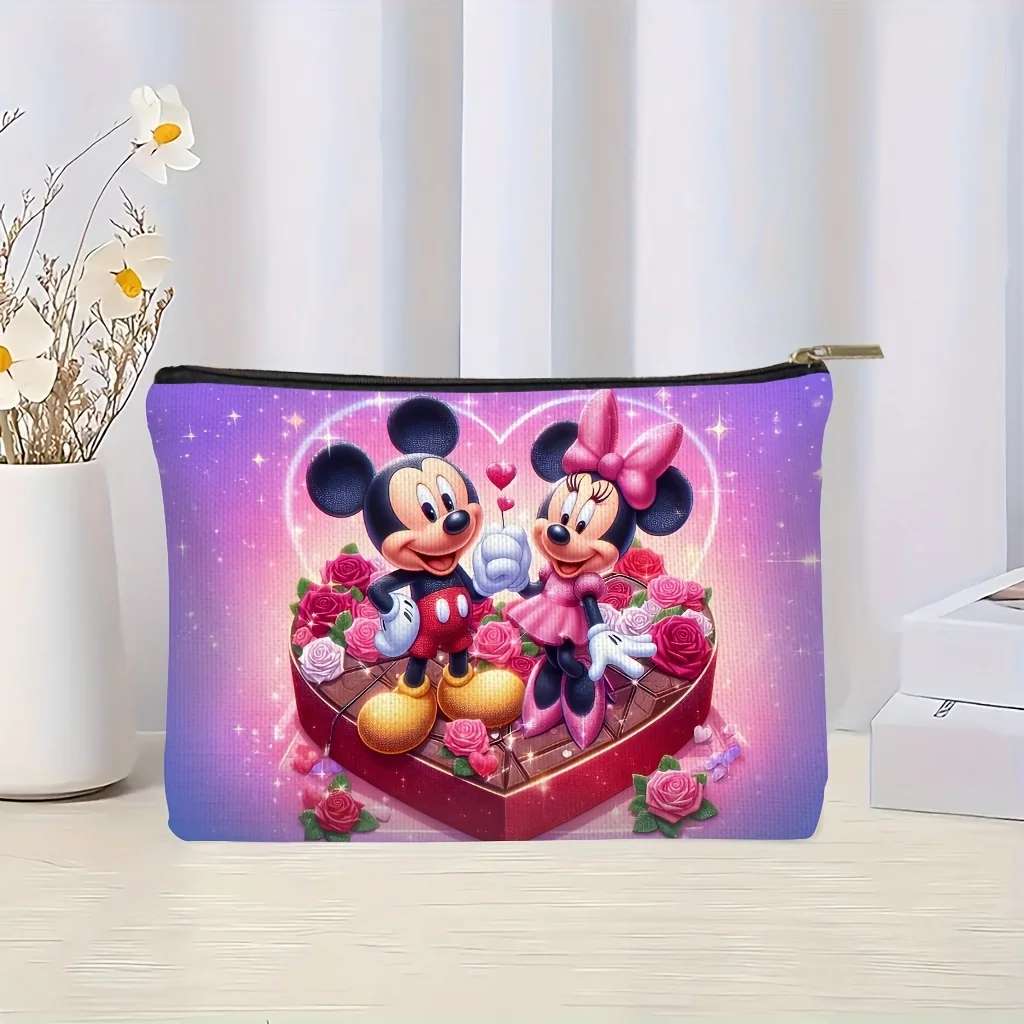 ディズニー ミッキーとミニー ピンクとゴールドのハート型プリント化粧品バッグ、ジュエリー収納バッグ、完璧な旅行用ジッパー収納バッグ - 楽しい誕生日プレゼント 1個