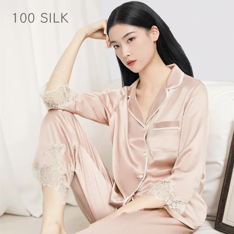 

Premium 19 Momme 100% Mulberry Silk Pajama Set Elegant Lace Trimmed Cardigan & Trousers Pijamas Loungewear PJ for Spring & Fall