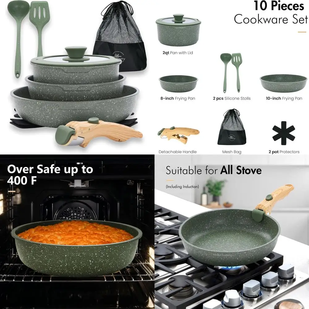 

Non-Stick Detachable Handle Cookware Set, 10-Piece Pots and Pans for RV, Camping, Oven Safe, PFAS Free, Eco-Friendly