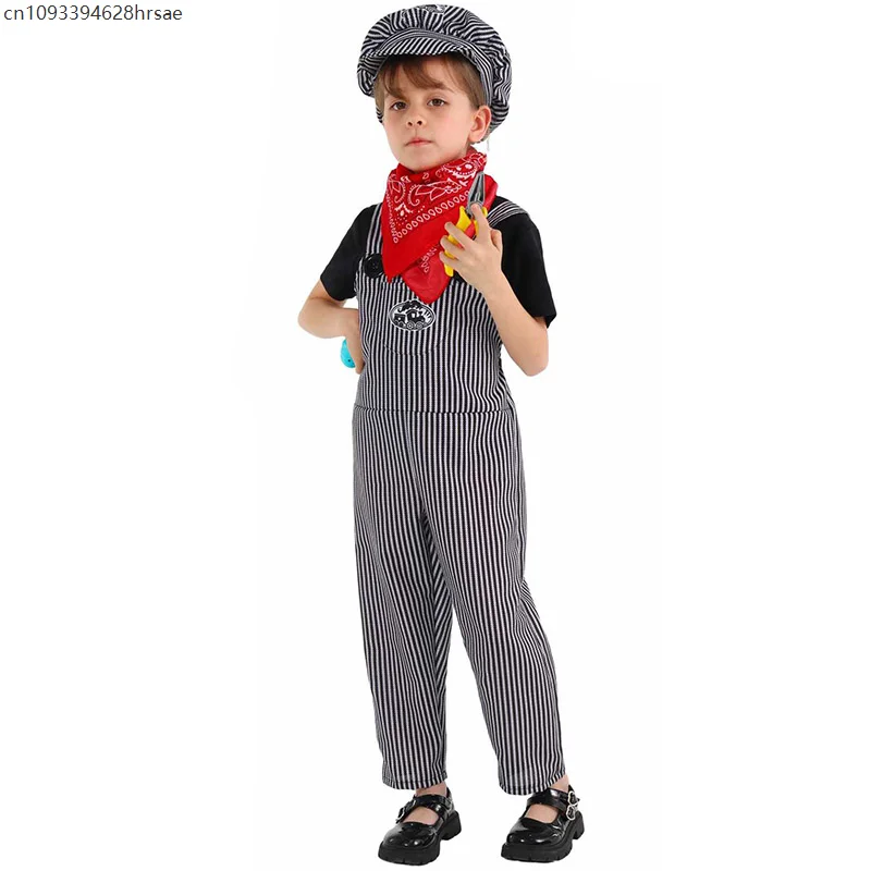 

Unisex Children's Train Conductor Dress Up Halloween Cosplay Outfits Boys Girls Railroad Train Engineer Costume For Kids