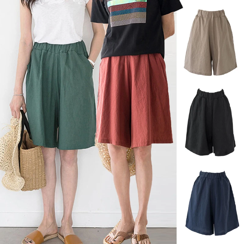 Women Summer Wide Leg Shorts Cotton Preppy Style Trousers  Casual Loose Pants Retro Elastic Waist Wide Leg Half-length Pants