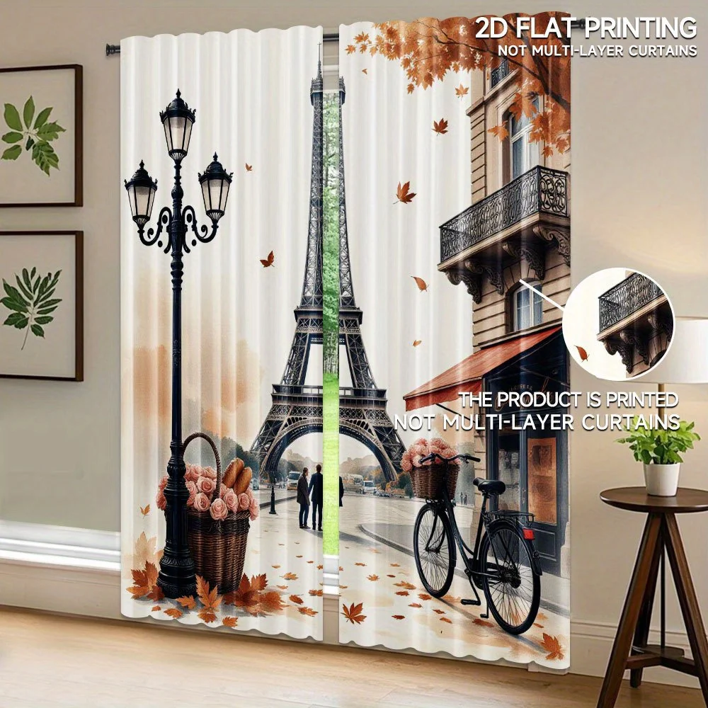 Vintage Paris Eiffel Tower Street Scene Curtains for Living Room Home Decor Window Curtain Panel
