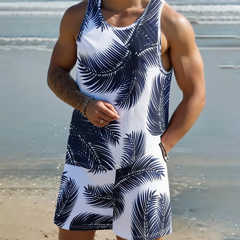 2025 New Summer Fashion Men's Beach suit White Palm Tree Print Men's Casual Vest Lightweight Breathable High Quality Shorts