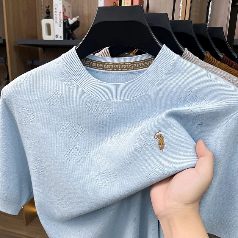High-end Men's Crew Neck Knitted Sweater Casual Embroidered Trendy Base Shirt Short-sleeve T-shirt Solid Color Top for Summer