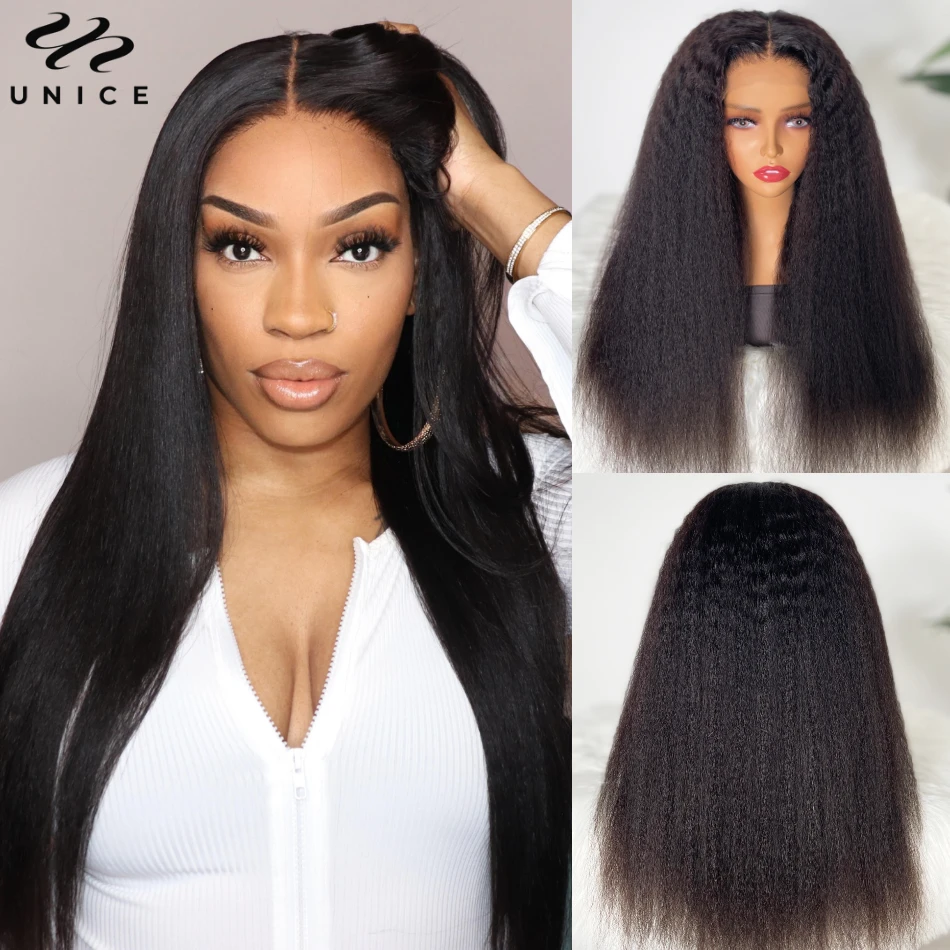 Unice Hair Kinky Straight 5x5 HD Lace Wig 200% Density Natural Color Human Hair Glueless Wig HD Lace Wig Match All Skin Tones