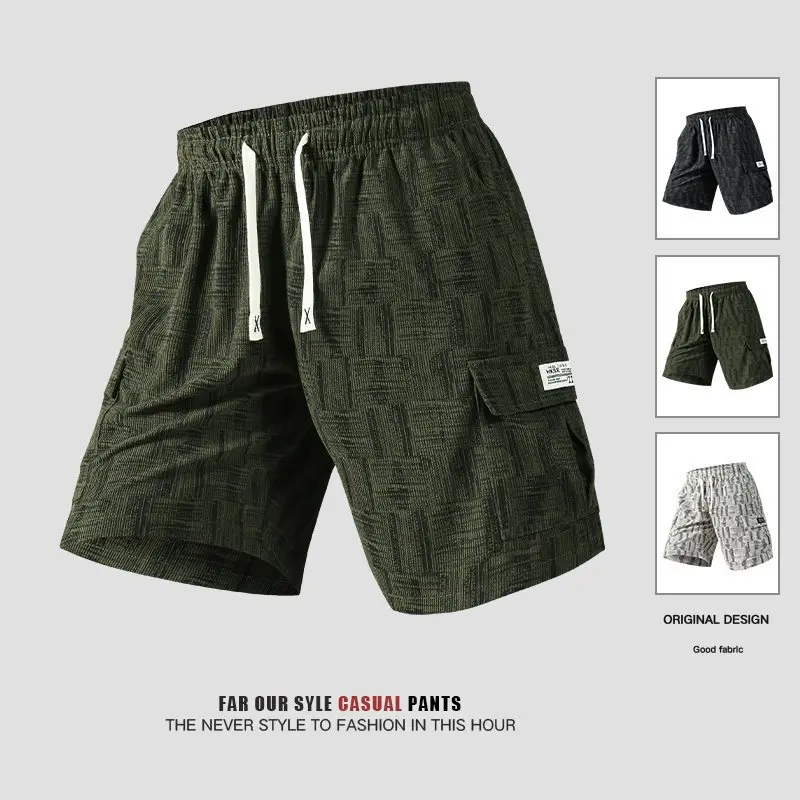 Men's Summer Workwear Short Pants Five Parts Cross-Border Style American Plaid Print Loose Fit Straight Leg Polyester Fiber
