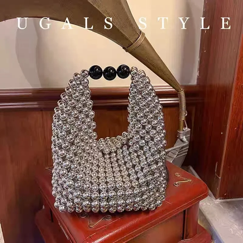 Fashion Hollow Out Woven Hobo Bag Beads Beading Handmade Women\'s Handbag Lady Purse Silver Beads Shoulder Bag Female Casual Bag