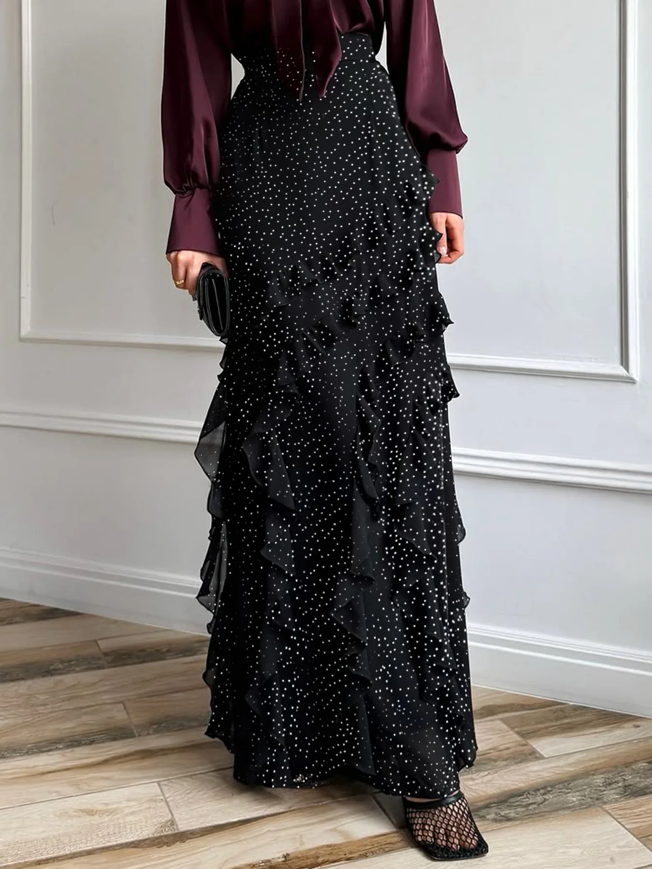 Gonna slim fit da donna con stampa a pois con decorazione bordo fungo nero elegante e alla moda, gonna casual a vita alta a trapezio