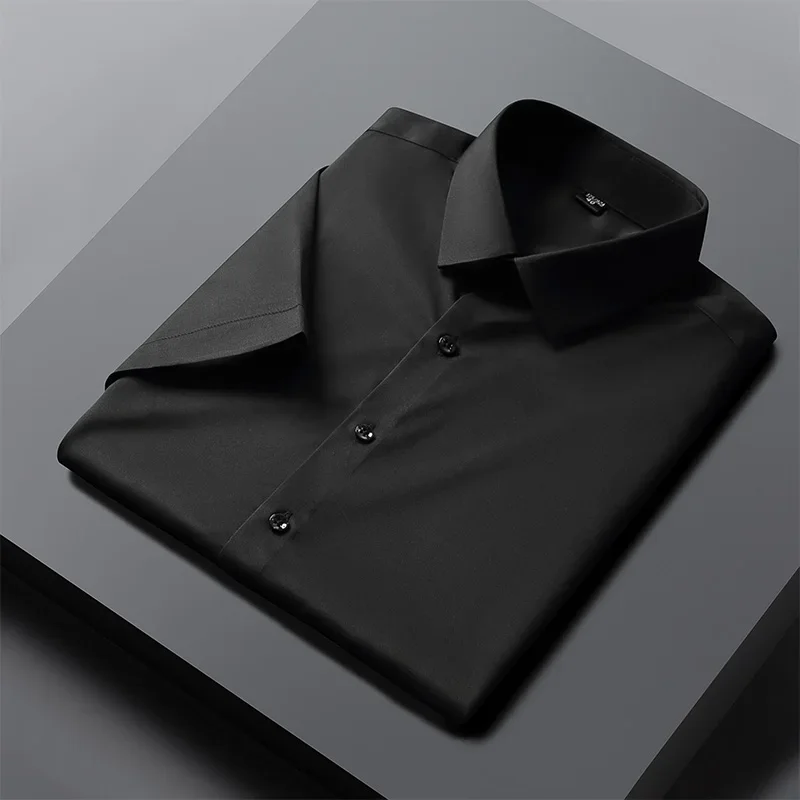 New in shirt thin elastic silks summer short sleeve shirts for men slim fit formal plain shirt soft office black white clothes