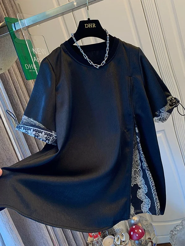 

plus Size Women's Short Sleeve T-Shirt Zipper Splicing Thin Cool Top Summer Casual Loose Fit Polyester Fiber round Neck Basic...