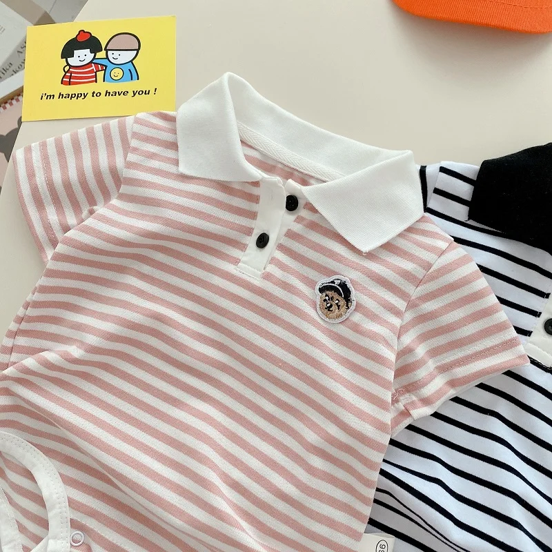 Summer Newborn Baby Boy Clothes Short Sleeve Turn Down Collar Striped Romper Jumpsuit Outfits One-Pieces Suit 0-24M