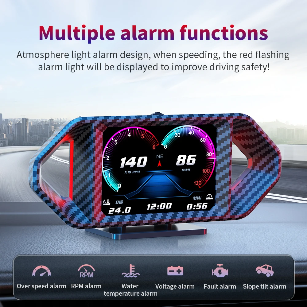Hollow-out Ambient Light OBD2+GPS+Slope meter Accelerometer P26 LCD Car Windshield HUD with OverSpeed/RPM/Water Temp Alarms etc.