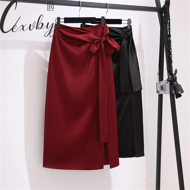 

Office Lady Satin High Waist Skirts 2023 Spring Summer Korean Elastic Suit Skirts High Quality Slit Silk Midi Skirts Plus Size