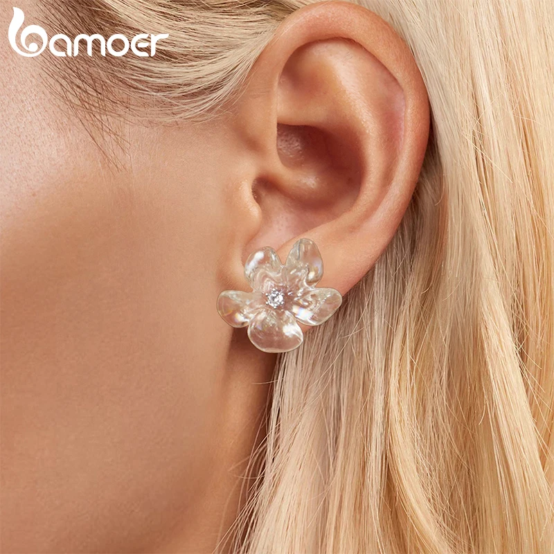 BAMOER Chic Flower Statement Earrings with 925 Sterling SilverCZ Bud, Great Boho Stud Earrings for Sister, Mom, Lover and Friend